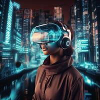 joven mujer vistiendo virtual realidad dispositivo terminado paisaje urbano antecedentes. mujer es utilizando virtual realidad auriculares. concepto de virtual realidad, simulación, juego de azar y futuro tecnología. generativo ai. foto