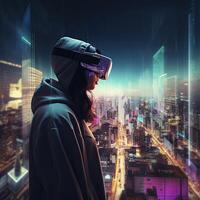 Young woman wearing virtual reality device over cityscape background. Woman is using virtual reality headset. Concept of virtual reality, simulation, gaming and future technology. . photo