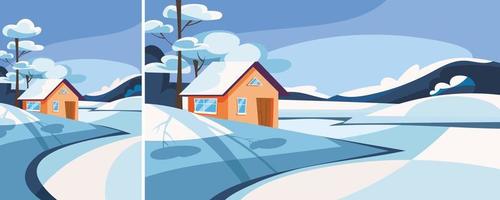 House on the lake in winter season. Nature landscape in different formats. vector