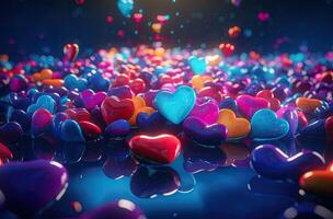 Colorful heart shape balloon with blue sky. Valentine's day background with heart shaped balloons. . photo