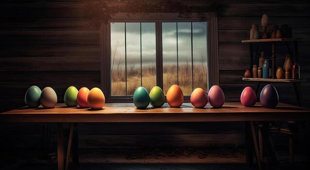row of colorful easter eggs on wooden table and bokeh background, place for typography and logo. Rustic wooden table. Easter theme. . photo