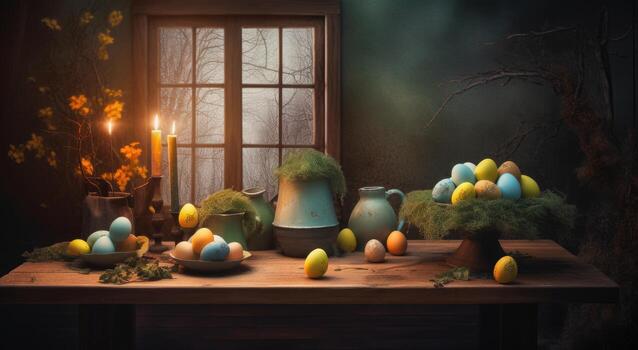 row of colorful easter eggs on wooden table and bokeh background, place for typography and logo. Rustic wooden table. Easter theme. . photo