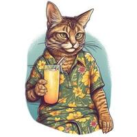 The cute cat wears a Hawaii shirt and holds a cocktail in his hand. illustration. . photo