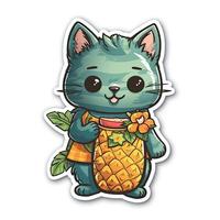 The cute cat wears a Hawaii shirt and holds a cocktail in his hand. illustration. . photo