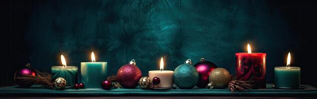 ardiente vela y Navidad decoración terminado nieve y de madera antecedentes. generativo ai. foto