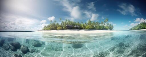 tropical paradise beach with white sand and coco palms travel tourism wide panorama background concept. . photo