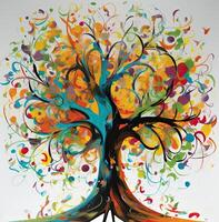 Abstract tree with roots and colorful leaves. Isolated on white background. Flat style, illustration. . photo