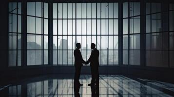 silhouettes two businessmen handshake in cooperation agreement concept at office and successful business partner. business man shaking hands to seal a deal with his partner. . photo