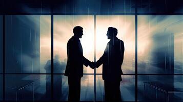 silhouettes two businessmen handshake in cooperation agreement concept at office and successful business partner. business man shaking hands to seal a deal with his partner. . photo
