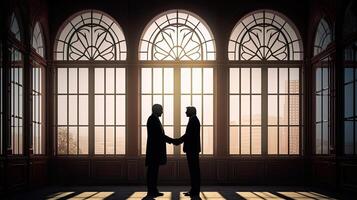 silhouettes two businessmen handshake in cooperation agreement concept at office and successful business partner. business man shaking hands to seal a deal with his partner. . photo