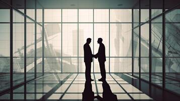 silhouettes two businessmen handshake in cooperation agreement concept at office and successful business partner. business man shaking hands to seal a deal with his partner. . photo