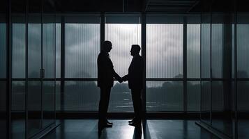 silhouettes two businessmen handshake in cooperation agreement concept at office and successful business partner. business man shaking hands to seal a deal with his partner. Generative Ai. photo