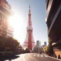 Tokyo Tower in close up view with clear blue sky, famous landmark of Tokyo, Japan. . photo