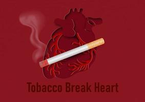 Cigarette burning with smoke in a ghost shape and slogan lettering on a human heart and red paper pattern background. World No Tobacco Day poster campaign in paper cut style and vector design.