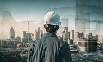 Construction concept. at back of the construction worker head which is wearing the safety helmet and checking work at the construction site. Non-existent person. photo