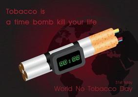 Tobacco in a time bomb shape with slogan and the day, name of event on globe and red gradient background. Card and poster's campaign of World no tobacco day in 3d style and vector design.