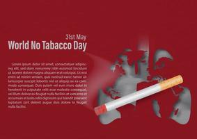 Image of cigarette burning with example texts and the day, name of event on human lung cut out with world map shape on smoke and red background. All in paper cut style and vector design.