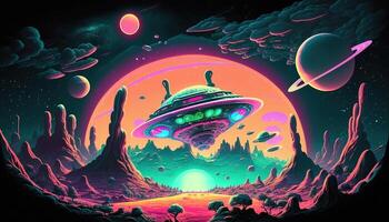 , Alien planet landscape. Psychedelic Space banner template, background. Horizontal illustration of the future with mountains, planets, trees, moon. Surrealist escapism. photo