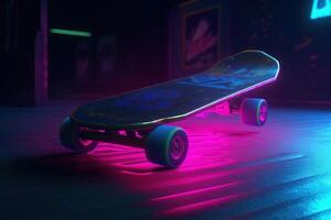 , skate board in cyberpunk style, disco nostalgic 80s, 90s. Neon night lights vibrant colors, realistic horizontal illustration of the futuristic city. Sport activity concept. photo