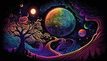 , Alien planet landscape. Psychedelic Space banner template, background. Horizontal illustration of the future with mountains, planets, trees, moon. Surrealist escapism. photo