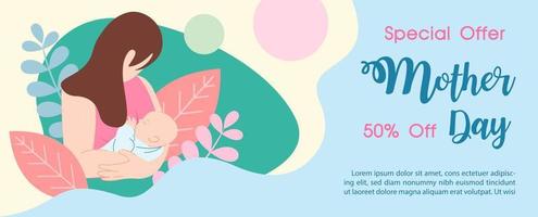 Mother holding a baby child sleeping with Mother's day sale wording and example texts on decorated plants and colors abstract shape background. vector