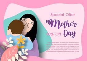 Decorated plants in paper cut style on mother holding a baby child sleeping with Mother's day sale wording and example texts on abstract shape and pink background. vector