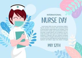 enfermero en dibujos animados personaje con el día y nombre de evento y ejemplo textos en decoración planta y azul antecedentes. internacional enfermero día póster Campaña en plano estilo y vector diseño.