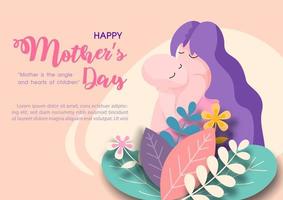 Decorated plants in paper cut style on mother hug and kiss her newborn baby with Happy Mother's Day lettering, example texts and orange background. vector