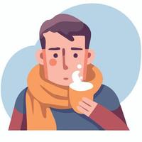 sick man with flu with scarf and cup vector