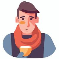 sick man with flu with scarf and cup vector