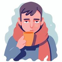 sick man with flu with scarf and cup vector