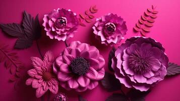 , Paper cut craft flowers and leaves, viva magenta color, floral origami textured background, spring mood. realistic effect. photo