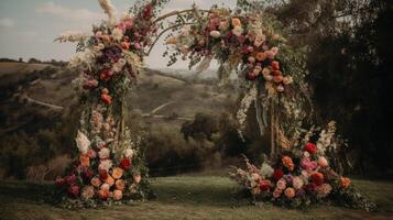 generativo ai, Boda ceremonia boho rústico estilo arco con flores y plantas, flor ramos de flores foto