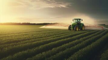 generativo ai, tractor pulverización un campo, granja paisaje, agrícola hermosa campo, país la carretera. naturaleza ilustración, fotorrealista parte superior ver horizontal bandera. foto