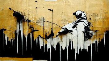 , Ink black street graffiti art on a textured paper vintage background, inspired by Banksy. photo