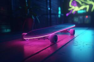 , skate board in cyberpunk style, disco nostalgic 80s, 90s. Neon night lights vibrant colors, realistic horizontal illustration of the futuristic city. Sport activity concept. photo