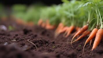 generativo ai, fila de Fresco zanahorias con verde hojas en el suelo, vegetales en el jardín, un bueno cosecha de eco productos foto