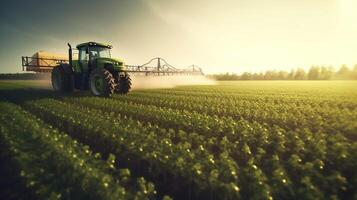 , Tractor spraying a field, Farm landscape, agricultural beautiful countryside, country road. Nature Illustration, realistic top view horizontal banner. photo