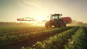 , Tractor spraying a field, Farm landscape, agricultural beautiful countryside, country road. Nature Illustration, realistic top view horizontal banner. photo