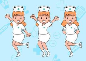 Nurses in cartoon character acting cute isolate on medical object pattern and blue background. vector