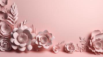 , Paper cut craft flowers and leaves, light pink color, floral origami textured background, spring mood. realistic effect. photo