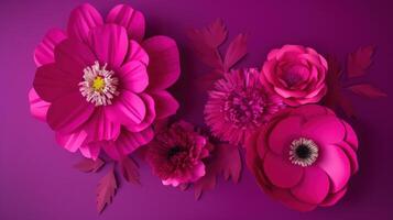 generativo ai, papel cortar arte flores y hojas, Viva magenta color, floral origami texturizado fondo, primavera humor. fotorrealista efecto. foto