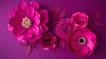 , Paper cut craft flowers and leaves, viva magenta color, floral origami textured background, spring mood. realistic effect. photo