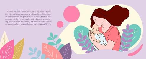 madre abrazo y Beso su recién nacido bebé en decorado plantas, ejemplo textos en ligero amarillo y púrpura antecedentes. tarjeta y póster de de la madre día en plano estilo y bandera vector diseño.