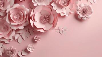 , Paper cut craft flowers and leaves, light pink color, floral origami textured background, spring mood. realistic effect. photo