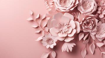 , Paper cut craft flowers and leaves, light pink color, floral origami textured background, spring mood. realistic effect. photo