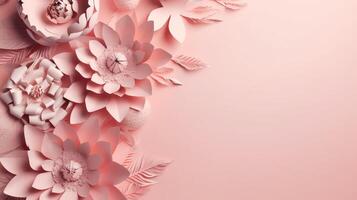, Paper cut craft flowers and leaves, light pink color, floral origami textured background, spring mood. realistic effect. photo