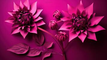 , Paper cut craft flowers and leaves, viva magenta color, floral origami textured background, spring mood. realistic effect. photo