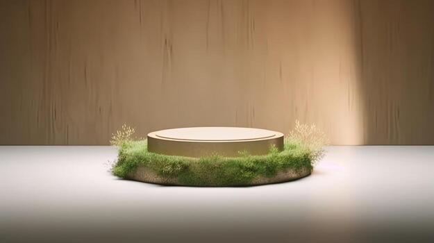 , product beige minimal scene with geometric podium platform and moss plants, mock up stand for cosmetic products. photo