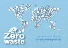 Waste in world map shape with wording about campaign and example texts on blue background. Save earth poster campaign in vector design.